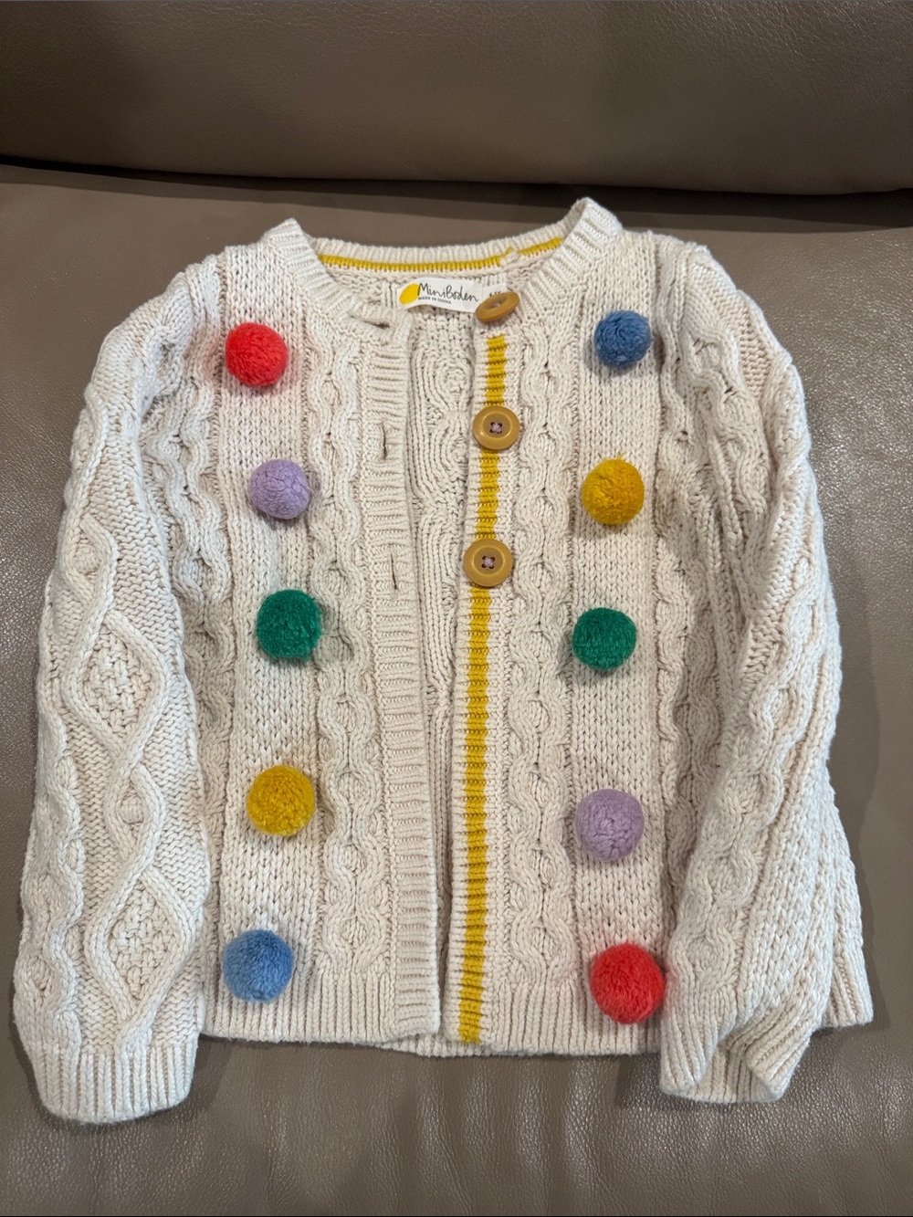 Mini Boden Cream Cable-Knit Cardigan with Colorful Pom-Poms